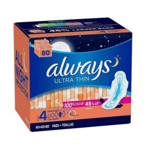 Always Ultra Thin Size 4 Overnight Pads with Wings Unscented 80 Ct. - Image 1