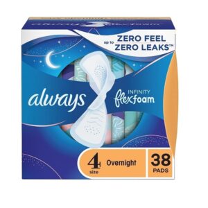 Always Infinity FlexFoam Pads for Women Size 4 Overnight Absorbency, Up to 12 Hours Zero Leaks, Zero Feel Protection, with Wings Unscented, 38 Count - Image 1