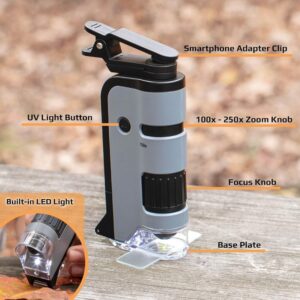 Carson MicroFlip 100x-250x LED Lighted Pocket Microscope with Flip Down Slide Base, Smartphone Adapter Clip, and UV Flashlight - Image 4