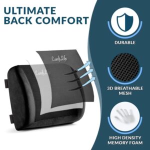 ComfiLife Lumbar Support Back Pillow Office Chair and Car Seat Cushion - Memory Foam with Adjustable Strap and Breathable 3D Mesh (Black) - Image 2