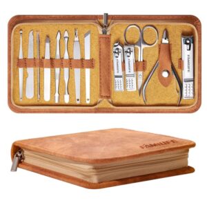 FAMILIFE Manicure Set, Nail Professional Kit Manicure Kit Nail Clipper Set, 13PCS Stainless Steel Nail Care Kit Pedicure Set Mens Grooming Kit, Mens Manicure Set with Brown Leather Travel Case for Men - Image 1