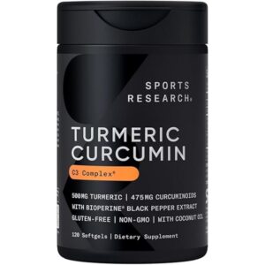 Sports Research Turmeric Curcumin C3 Complex 500 Mg with 95% Curcuminoids,Bioperine and Organic Virgin Coconut Oil. 120 Capsules - Image 1