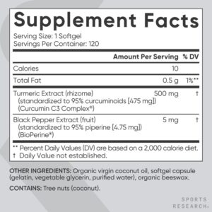 Sports Research Turmeric Curcumin C3 Complex 500 Mg with 95% Curcuminoids,Bioperine and Organic Virgin Coconut Oil. 120 Capsules - Image 5