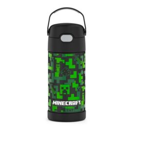 Thermos Funtainer 12 Ounce Stainless Steel Vacuum Insulated Kids Straw Bottle, Minecraft - Image 1