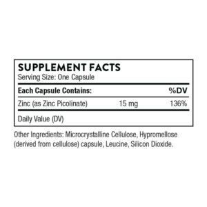 Thorne Research Zinc Picolinate (15mg), 60 Vegetarian Capsules - Image 2