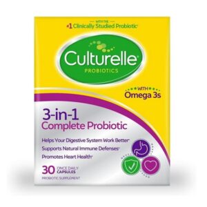 Culturelle 3-in-1 Complete Probiotic Daily Formula, Once Per Day Probiotic Supplement, Helps Your Digestive System Work Better, Supports Natural Immune Defenses, Plus Omega 3's, Non-GMO, 30 Count - Image 1